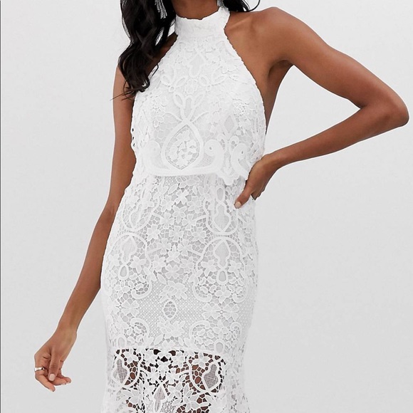 ASOS DESIGN high neck midi dress in guipure lace and peplum - Picture 1 of 5